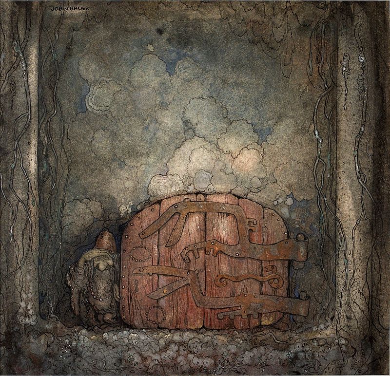 A coloured illustration from an old fairy tale showing a troll sitting by a closed doorway into a mountain. Perhaps they are guarding it. There are two vast tree trunks framing either side of the image.